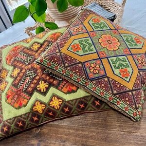 Vintage Danish Hand Embroidered Wool Pillows (Pair) MCM Scandinavian Cushions